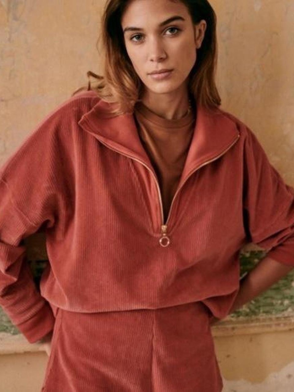Sezane Salome Ribbed Velour 1/4 Zip Pullover Retro Track Jacket Top S Pink